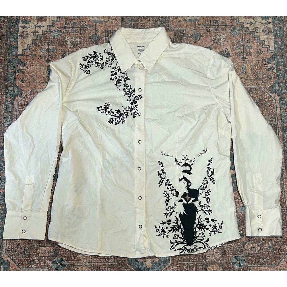 Disney‎ Store Tinker Bell Believe Snap Button Down Shirt Cream Floral Women XL